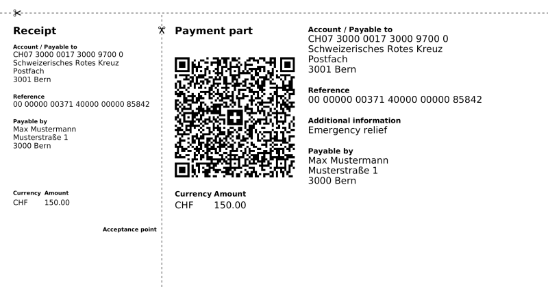 An example of a swiss QR bill that donates 150 CHF to the Swiss Red Cross